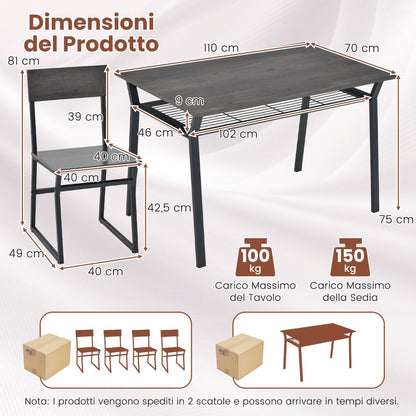 Set Da Tavolo Da Pranzo 5 Pezzi, Tavolo Da Cucina Con 4 Sedie Mensola Portaoggetti E Telaio in Metallo 2 Colori