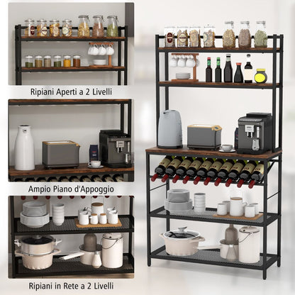 Scaffale Da Cucina a 6 Ripiani Con Portabottiglie 2 Ripiani in Rete, Scaffale Porta Microonde Alto Marrone Rustico