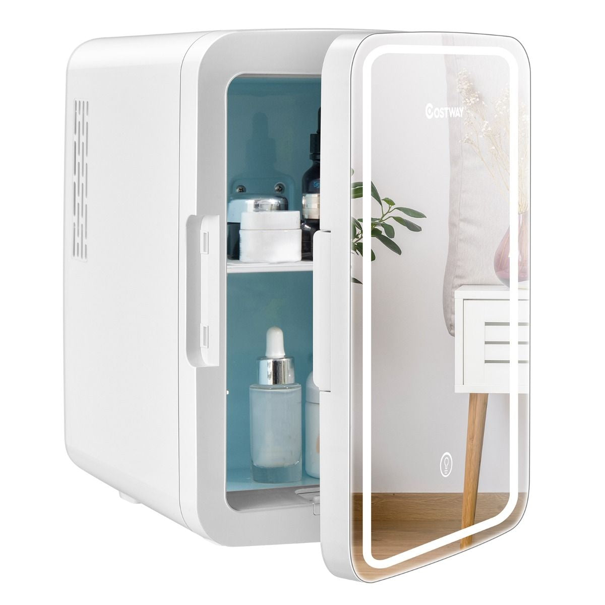Mini Frigo Portatile 10 L AC/DC Con Specchio LED, Frigorifero Compatto Termostatico per Auto E Casa Bianco