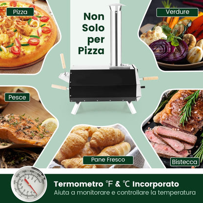 Forno per Pizza in Acciaio Inox Con Pietra per Pizza Gambe Pieghevoli, Grill a Legna Portatile per Pizza Nero