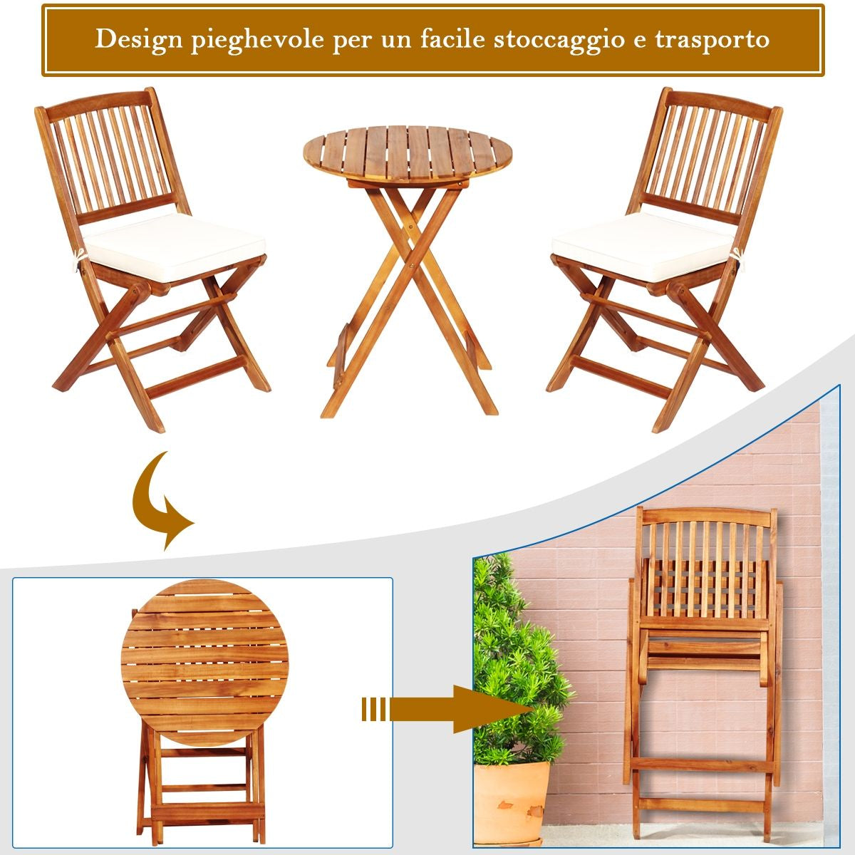 Set 3 Pezzi Pieghevoli in Legno Di Acacia Da Esterno, Set Sedie E Tavolo Con Cuscino Imbottito 3 Colori