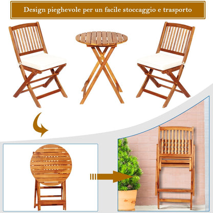Set 3 Pezzi Pieghevoli in Legno Di Acacia Da Esterno, Set Sedie E Tavolo Con Cuscino Imbottito 3 Colori
