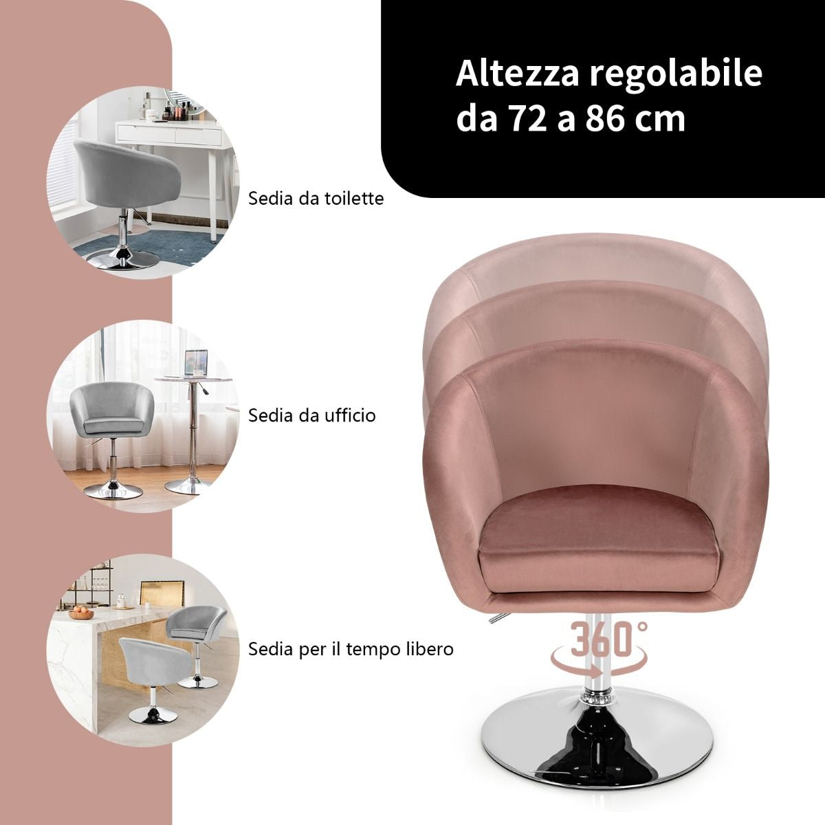 Sedia Da Bar Girevole in Velluto Con Schienale Rotondo Regolabile in Altezza, Sgabello per Ufficio Alto