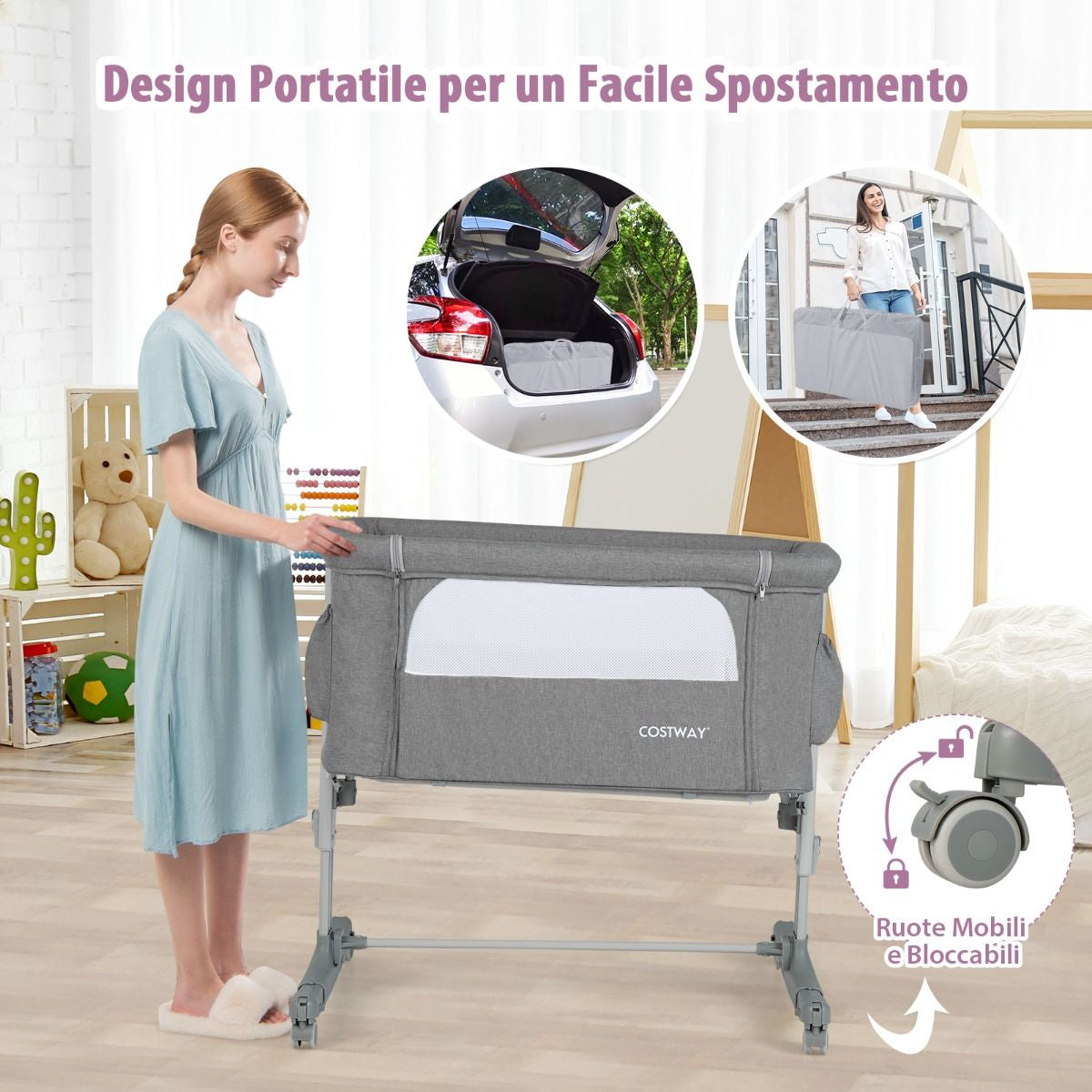 Culla per Bambini 3 in 1 Con 5 Livelli Di Altezza Regolabili Borsa Da Viaggio, Traversina per Bambini 4 Colori
