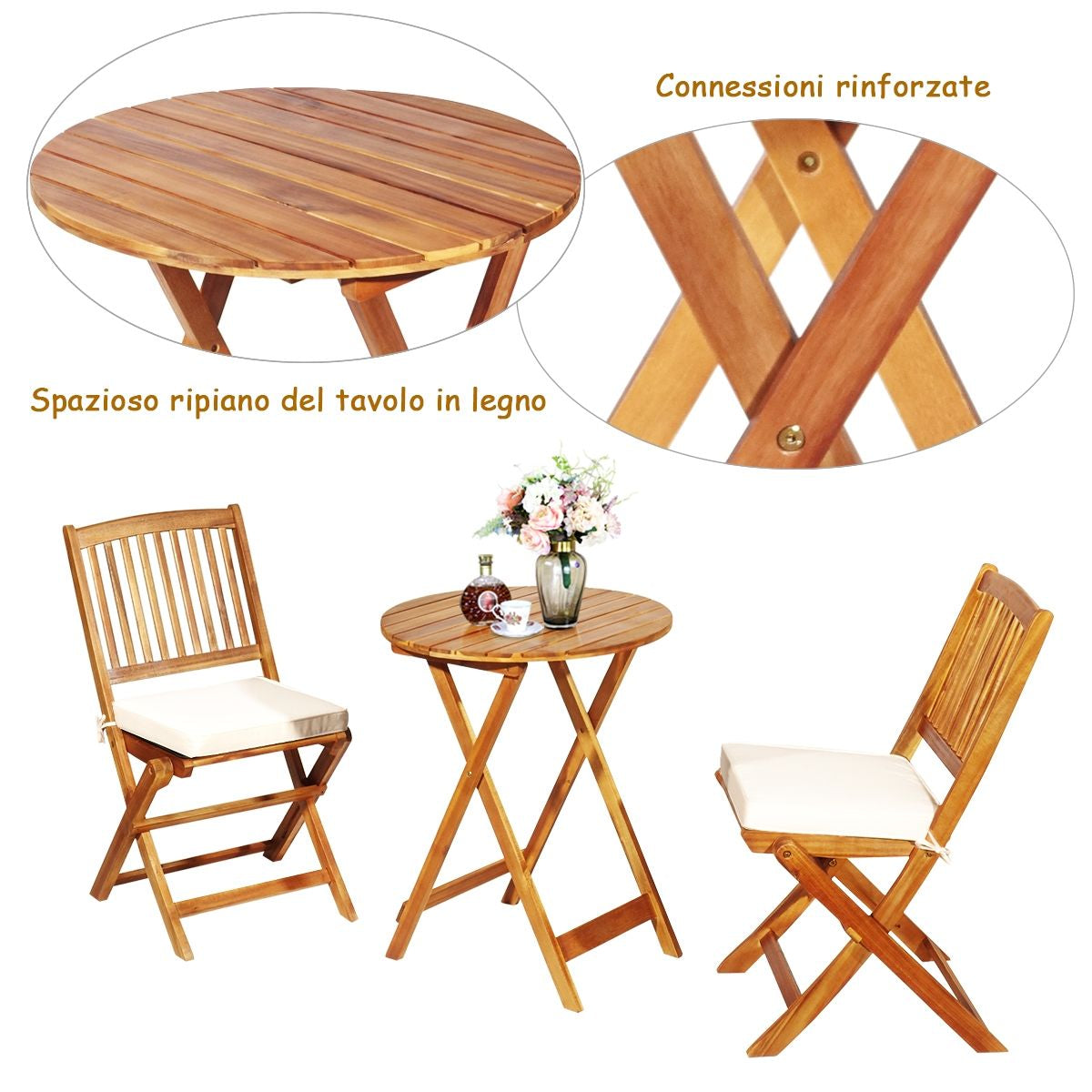 Set 3 Pezzi Pieghevoli in Legno Di Acacia Da Esterno, Set Sedie E Tavolo Con Cuscino Imbottito 3 Colori
