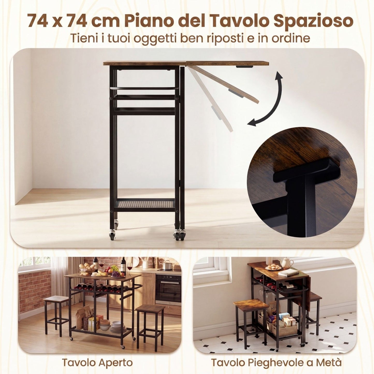 Set Tavolo Da Pranzo 3 Pezzi Con Ruote E Portabottiglie Da 6 Posti, Tavolo Da Cucina Estendibile Con 2 Sgabelli 4 Colori