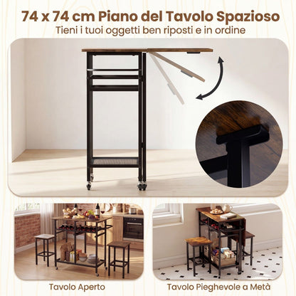 Set Tavolo Da Pranzo 3 Pezzi Con Ruote E Portabottiglie Da 6 Posti, Tavolo Da Cucina Estendibile Con 2 Sgabelli 4 Colori