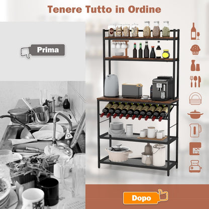 Scaffale Da Cucina a 6 Ripiani Con Portabottiglie 2 Ripiani in Rete, Scaffale Porta Microonde Alto Marrone Rustico