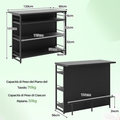 Isola Cucina Stile Industriale Con 3 Ripiani Aperti Portabottiglie E Porta Calici, Mobile Bar Con Poggiapiedi 2 Colori
