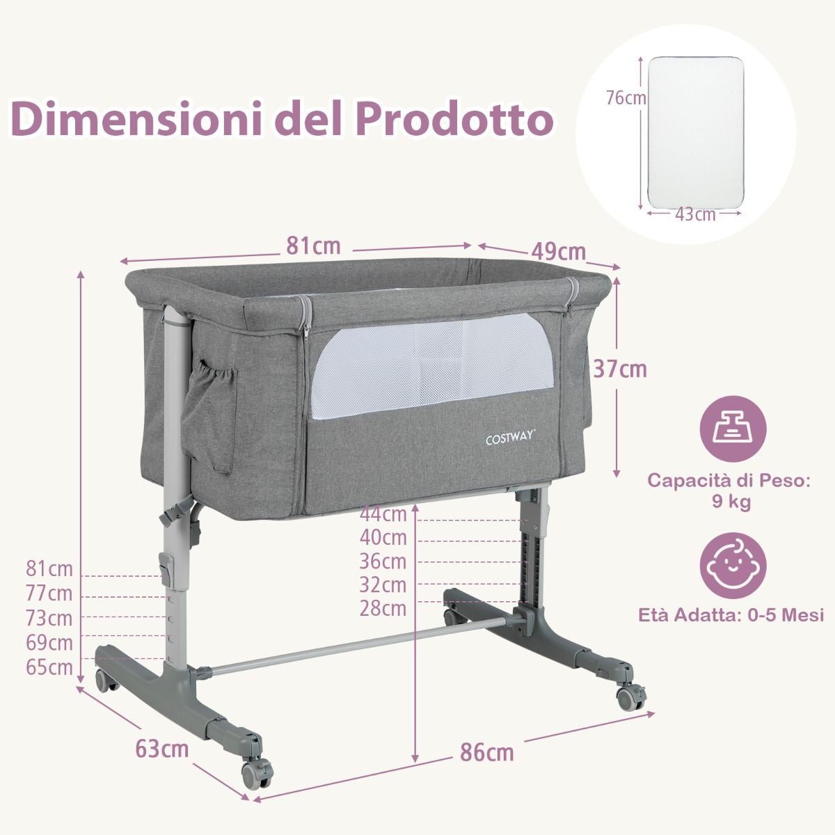 Culla per Bambini 3 in 1 Con 5 Livelli Di Altezza Regolabili Borsa Da Viaggio, Traversina per Bambini 4 Colori