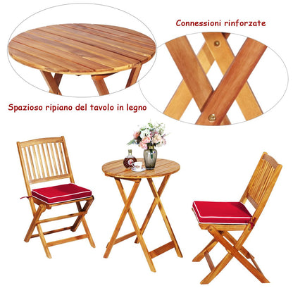 Set 3 Pezzi Pieghevoli in Legno Di Acacia Da Esterno, Set Sedie E Tavolo Con Cuscino Imbottito 3 Colori