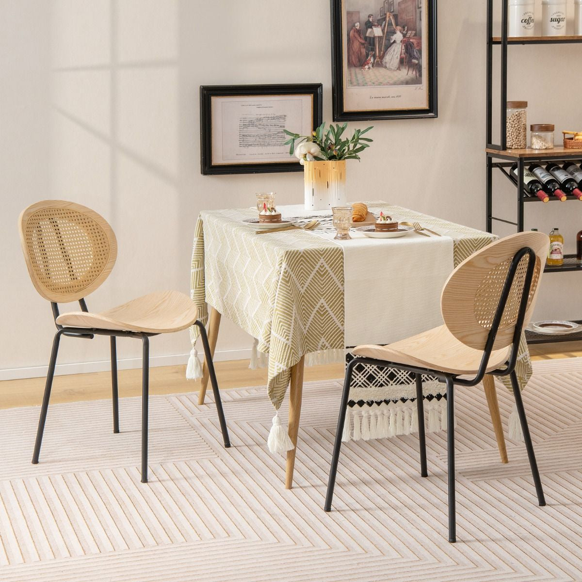 Set Di 2 Sedie Da Pranzo in Rattan Con Gambe in Metallo Seduta in Compensato, Sedie Boho Portata 140Kg Naturale