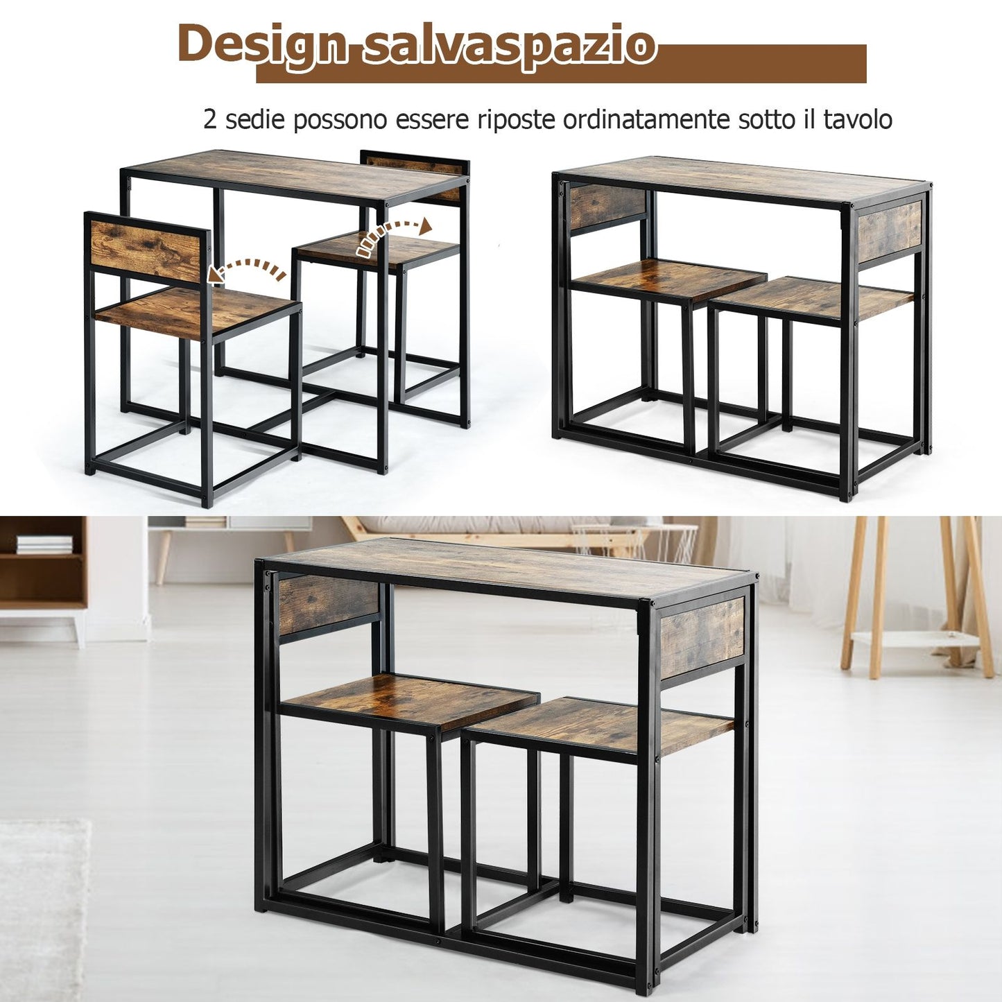 Set Da Pranzo Da 3 Pezzi Con Struttura Di Metallo, Tavolo Da Cucina Con 2 Sedie per Spazi Ridotti, Antico