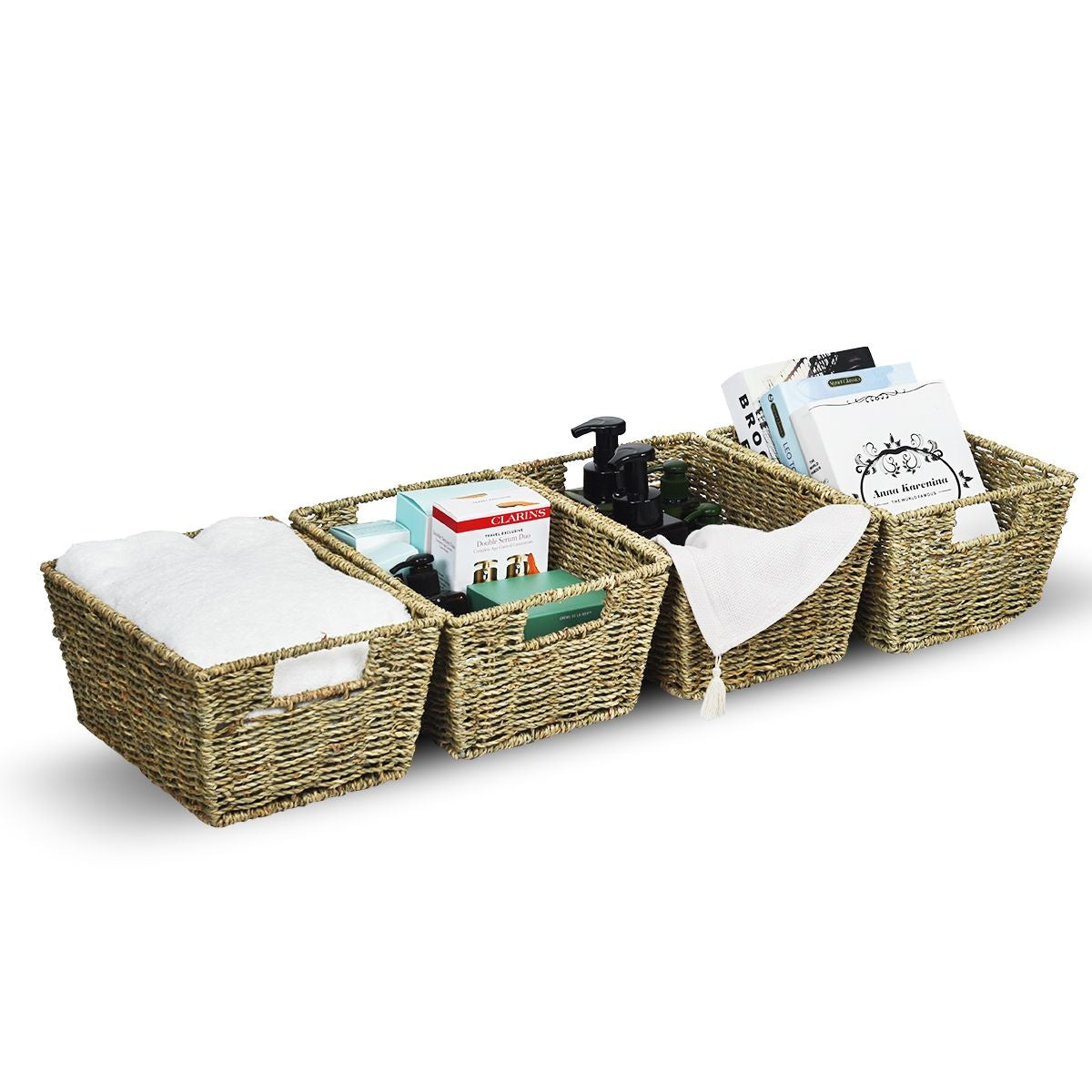 Set Di 4 Cestini in Seagrass Con Maniglie, Cestini Rettangolari in Seagrass Con Struttura in Ferro