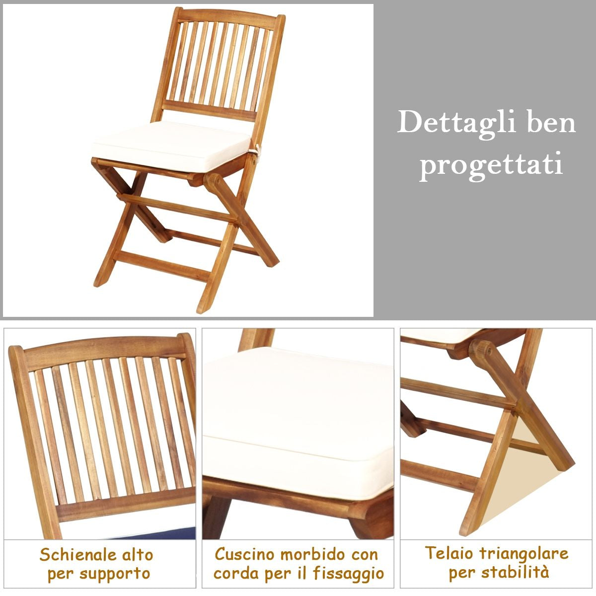 Set 3 Pezzi Pieghevoli in Legno Di Acacia Da Esterno, Set Sedie E Tavolo Con Cuscino Imbottito 3 Colori