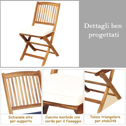 Set 3 Pezzi Pieghevoli in Legno Di Acacia Da Esterno, Set Sedie E Tavolo Con Cuscino Imbottito 3 Colori