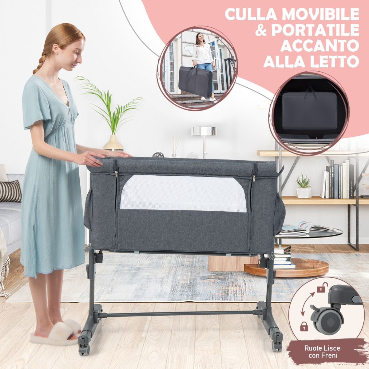 Culla per Bambini 3 in 1 Con 5 Livelli Di Altezza Regolabili Borsa Da Viaggio, Traversina per Bambini 4 Colori
