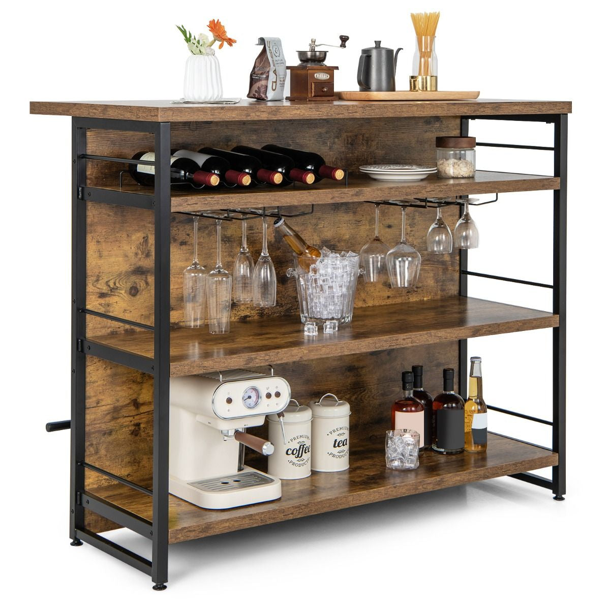 Isola Cucina Stile Industriale Con 3 Ripiani Aperti Portabottiglie E Porta Calici, Mobile Bar Con Poggiapiedi 2 Colori