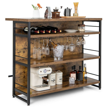 Isola Cucina Stile Industriale Con 3 Ripiani Aperti Portabottiglie E Porta Calici, Mobile Bar Con Poggiapiedi 2 Colori