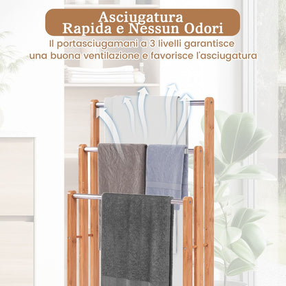 Porta Asciugamani in Legno Di Bambu Con 3 Barre in Acciaio Inox Da Terra 46X24X84Cm