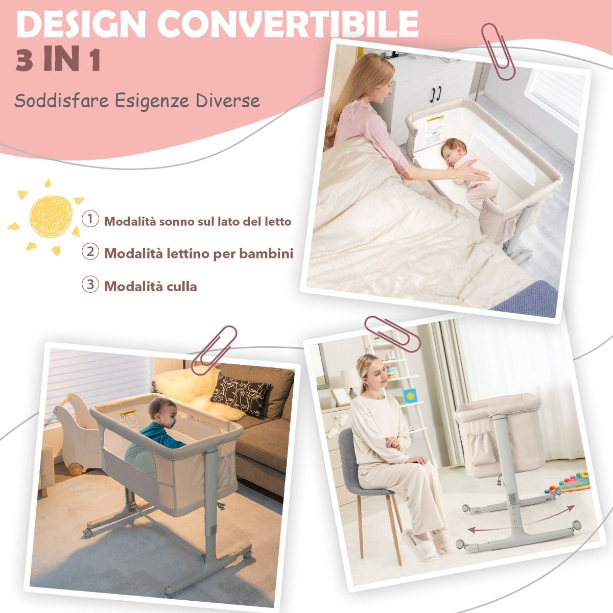 Culla per Bambini 3 in 1 Con 5 Livelli Di Altezza Regolabili Borsa Da Viaggio, Traversina per Bambini 4 Colori