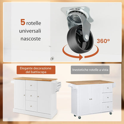 Carrello Da Cucina Con 3 Cassetti 2 Armadietti Chiusi Con Ripiani Regolabili, Isola Con Barra Laterale 2 Colori