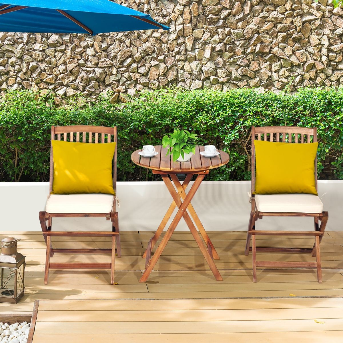 Set 3 Pezzi Pieghevoli in Legno Di Acacia Da Esterno, Set Sedie E Tavolo Con Cuscino Imbottito 3 Colori