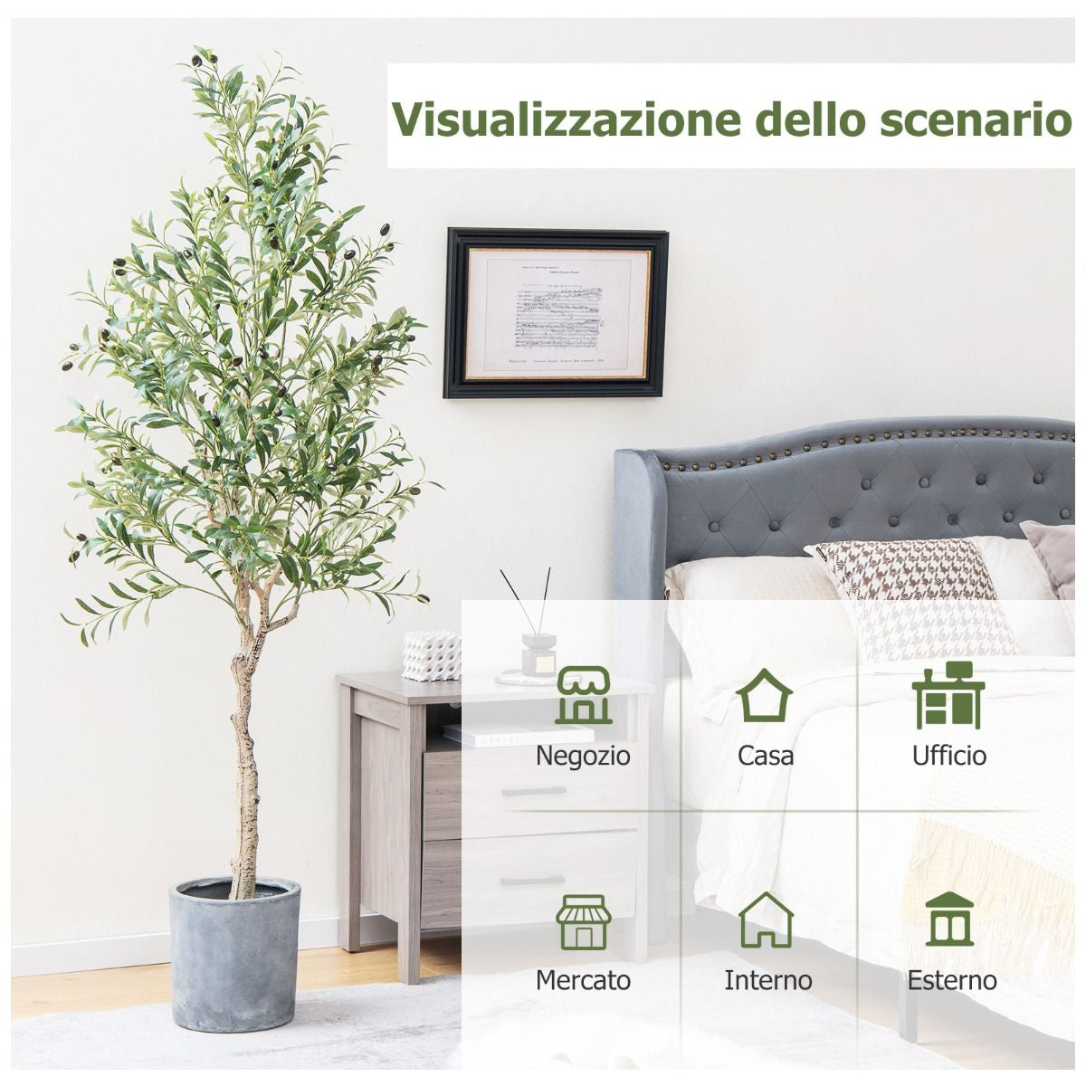 Ulivo Artificiale 182Cm Con 1296 Foglie 72 Frutti, Ulivo Finto in Vaso Di Cemento per Ufficio Casa