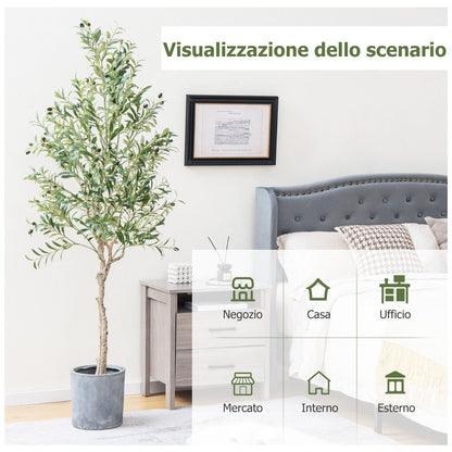 Ulivo Artificiale 182Cm Con 1296 Foglie 72 Frutti, Ulivo Finto in Vaso Di Cemento per Ufficio Casa