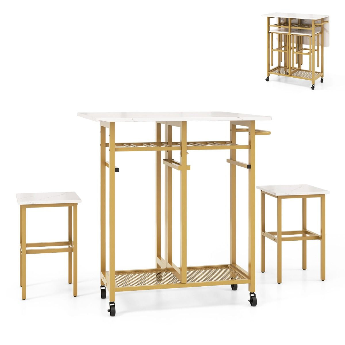 Set Tavolo Da Pranzo 3 Pezzi Con Ruote E Portabottiglie Da 6 Posti, Tavolo Da Cucina Estendibile Con 2 Sgabelli 4 Colori