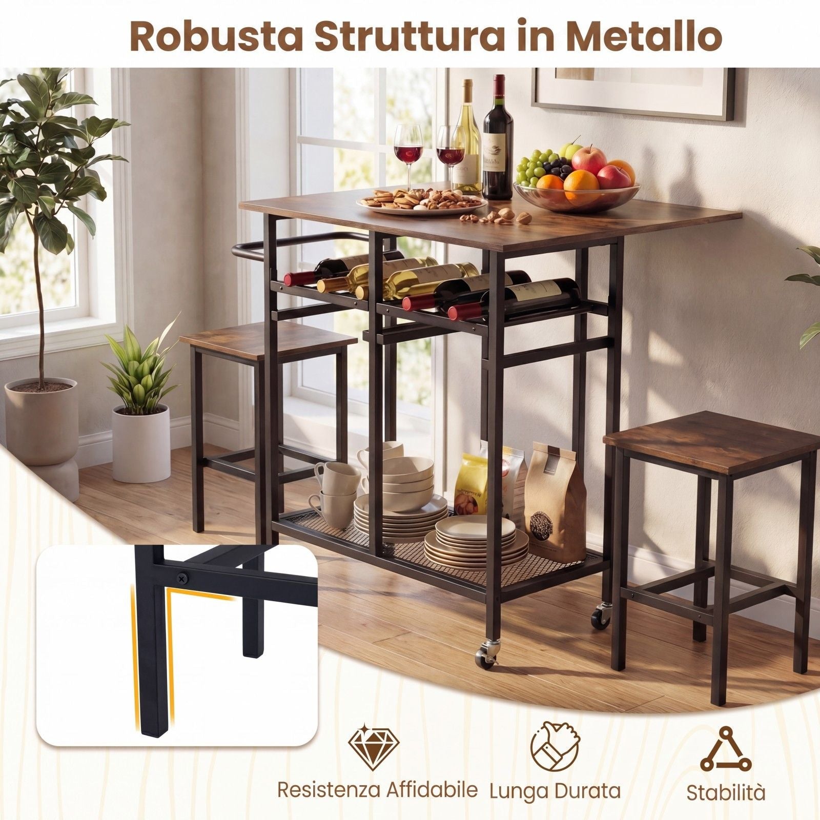 Set Tavolo Da Pranzo 3 Pezzi Con Ruote E Portabottiglie Da 6 Posti, Tavolo Da Cucina Estendibile Con 2 Sgabelli 4 Colori