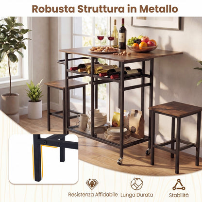 Set Tavolo Da Pranzo 3 Pezzi Con Ruote E Portabottiglie Da 6 Posti, Tavolo Da Cucina Estendibile Con 2 Sgabelli 4 Colori