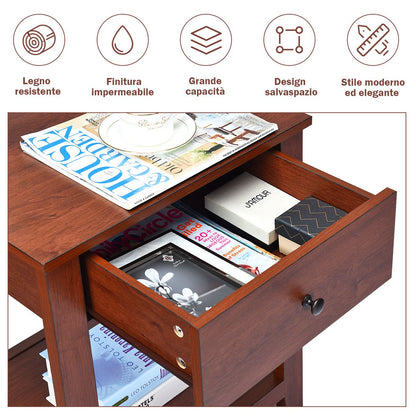 Set Di 2 Comodini in Legno Con Cassetto Da Camera Da Letto 50X42X62Cm, Comodini Organizer Moderni Marrone