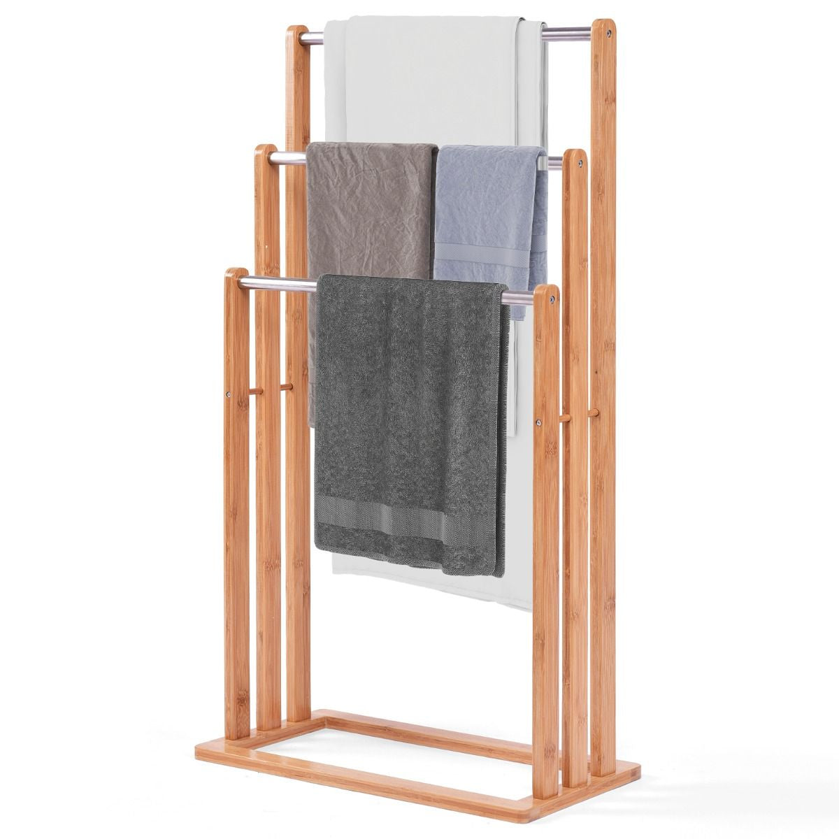 Porta Asciugamani in Legno Di Bambu Con 3 Barre in Acciaio Inox Da Terra 46X24X84Cm