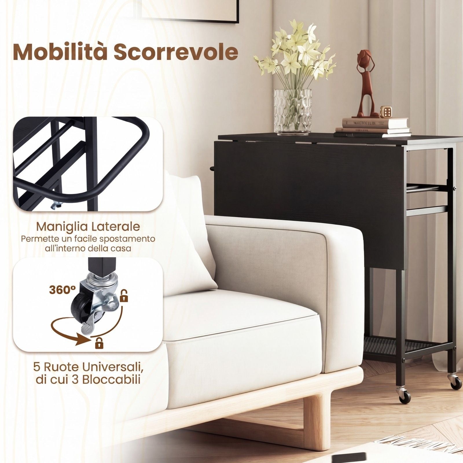 Set Tavolo Da Pranzo 3 Pezzi Con Ruote E Portabottiglie Da 6 Posti, Tavolo Da Cucina Estendibile Con 2 Sgabelli 4 Colori