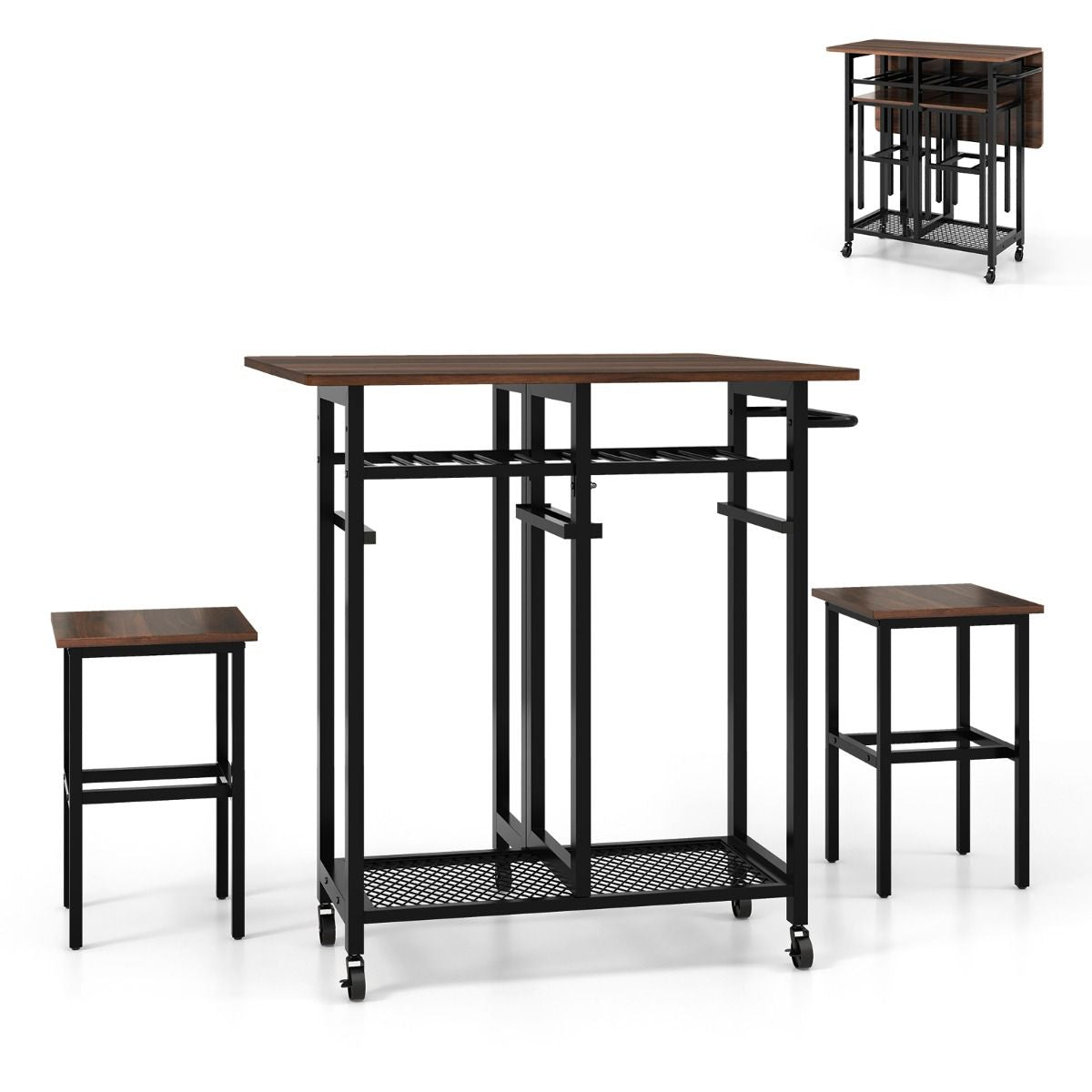 Set Tavolo Da Pranzo 3 Pezzi Con Ruote E Portabottiglie Da 6 Posti, Tavolo Da Cucina Estendibile Con 2 Sgabelli 4 Colori