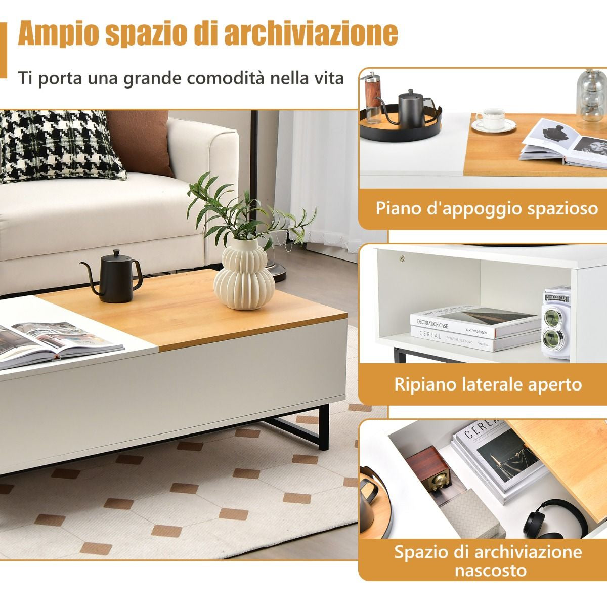 Tavolino Da Caffè 110Cm in Legno Con Ampi Scomparti Struttura in Metallo, Tavolino Da Tè per Soggiorno