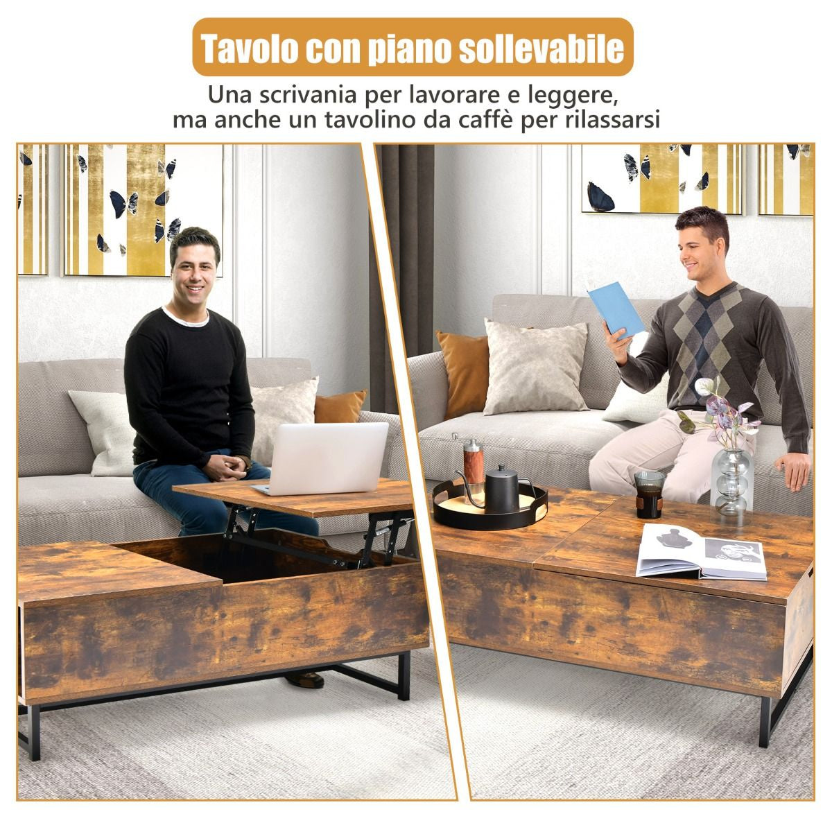 Tavolino Da Caffè 110Cm in Legno Con Ampi Scomparti Struttura in Metallo, Tavolino Da Tè per Soggiorno