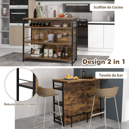 Isola Cucina Stile Industriale Con 3 Ripiani Aperti Portabottiglie E Porta Calici, Mobile Bar Con Poggiapiedi 2 Colori