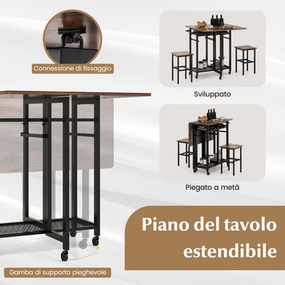 Set Tavolo Da Pranzo 3 Pezzi Con Ruote E Portabottiglie Da 6 Posti, Tavolo Da Cucina Estendibile Con 2 Sgabelli 4 Colori