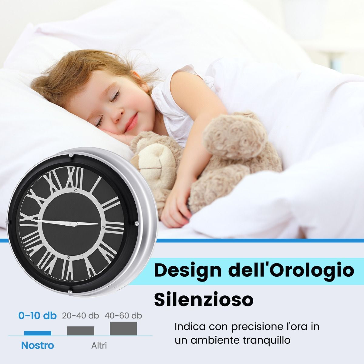 Orologio Da Parete Silenzioso Con Numeri Romani Copertura in Vetro, Orologio Da Muro Senza Ticchettio 2 Dimensioni