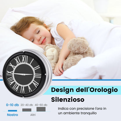 Orologio Da Parete Silenzioso Con Numeri Romani Copertura in Vetro, Orologio Da Muro Senza Ticchettio 2 Dimensioni