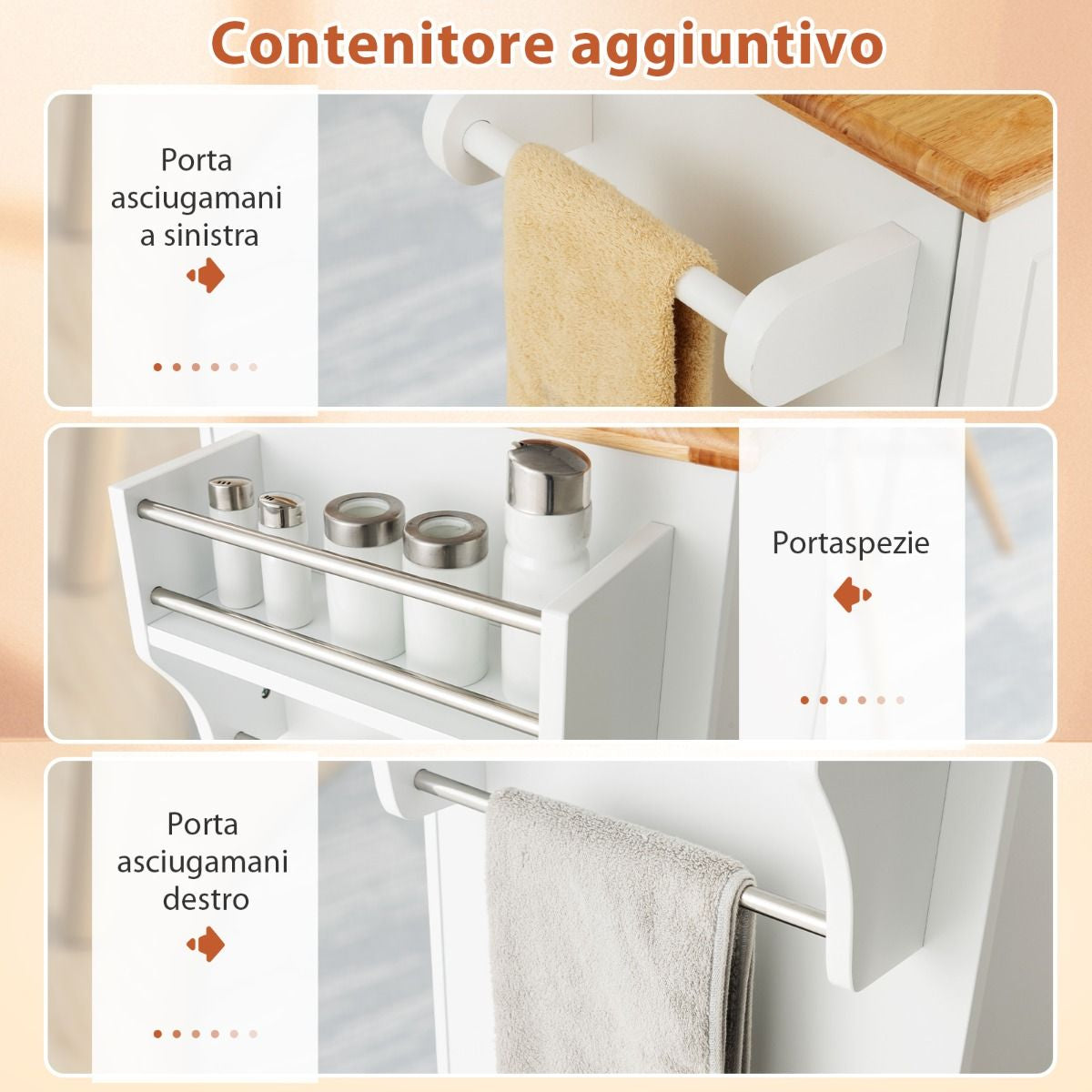 Carrello Da Cucina Con 3 Cassetti 2 Armadietti Chiusi Con Ripiani Regolabili, Isola Con Barra Laterale 2 Colori