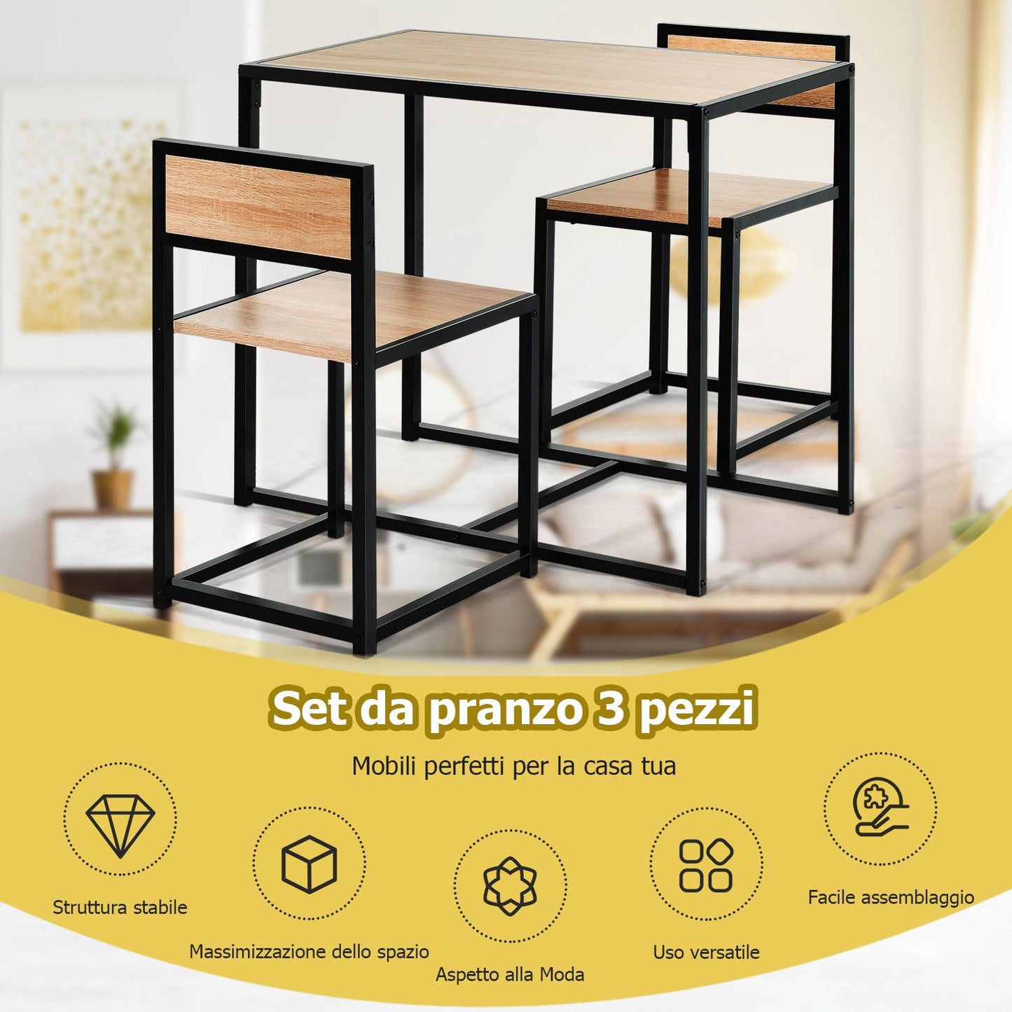 Set Da Pranzo Da 3 Pezzi Con Struttura Di Metallo, Tavolo Da Cucina Con 2 Sedie per Spazi Ridotti, Naturale