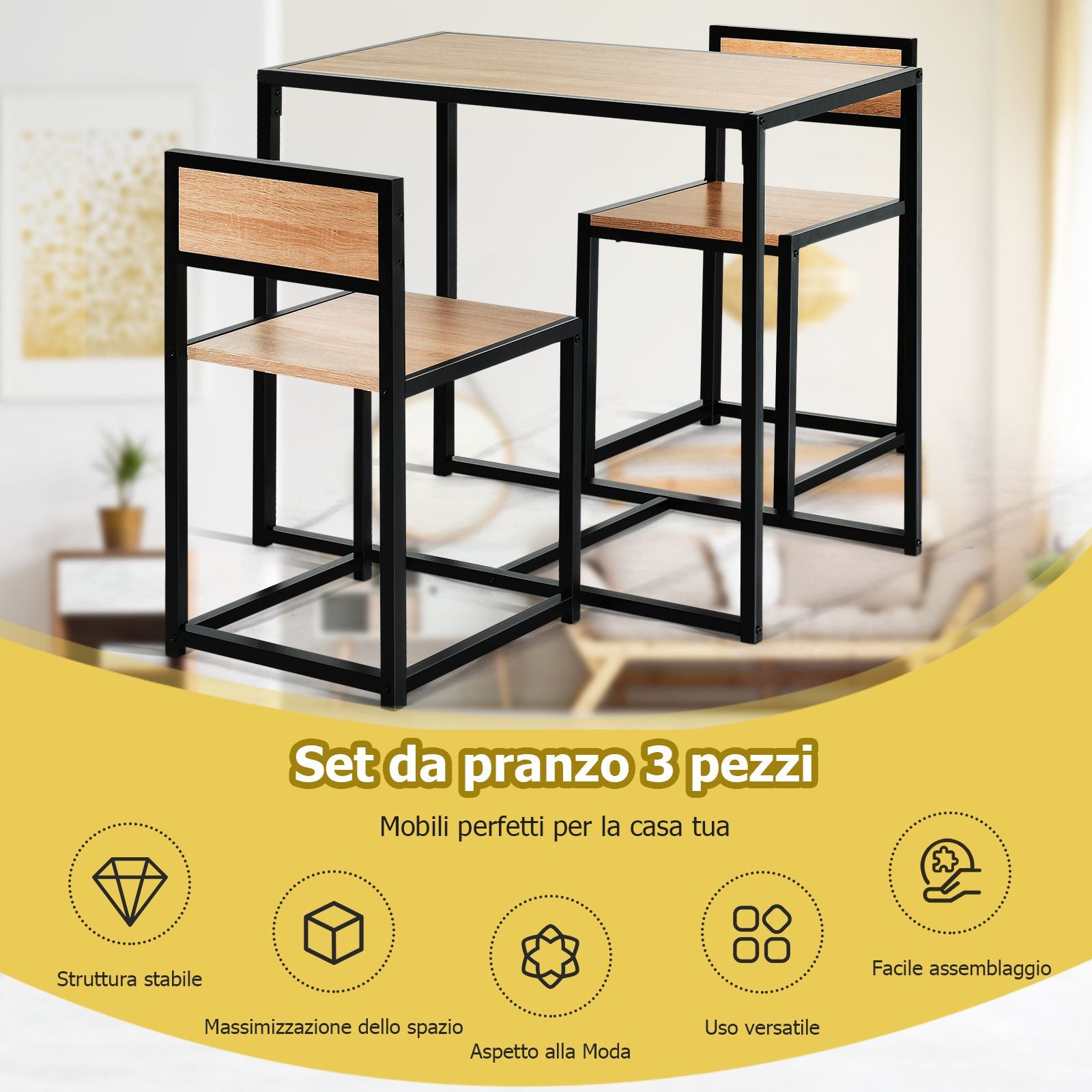 Set Da Pranzo Da 3 Pezzi Con Struttura Di Metallo, Tavolo Da Cucina Con 2 Sedie per Spazi Ridotti, Naturale