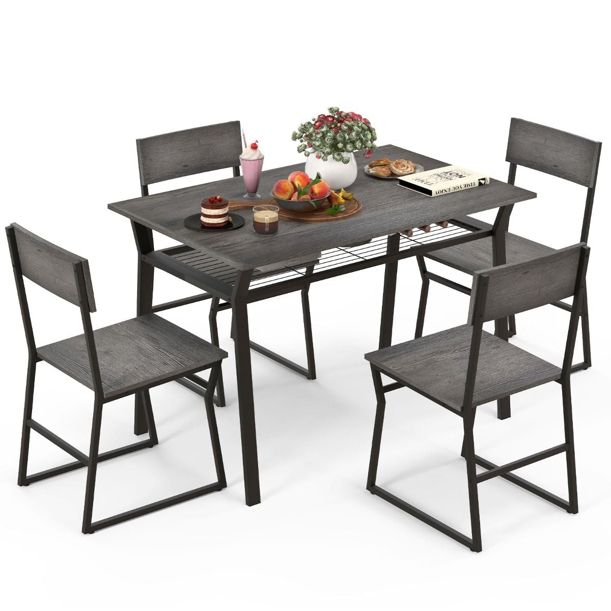Set Da Tavolo Da Pranzo 5 Pezzi, Tavolo Da Cucina Con 4 Sedie Mensola Portaoggetti E Telaio in Metallo 2 Colori