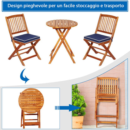 Set 3 Pezzi Pieghevoli in Legno Di Acacia Da Esterno, Set Sedie E Tavolo Con Cuscino Imbottito 3 Colori