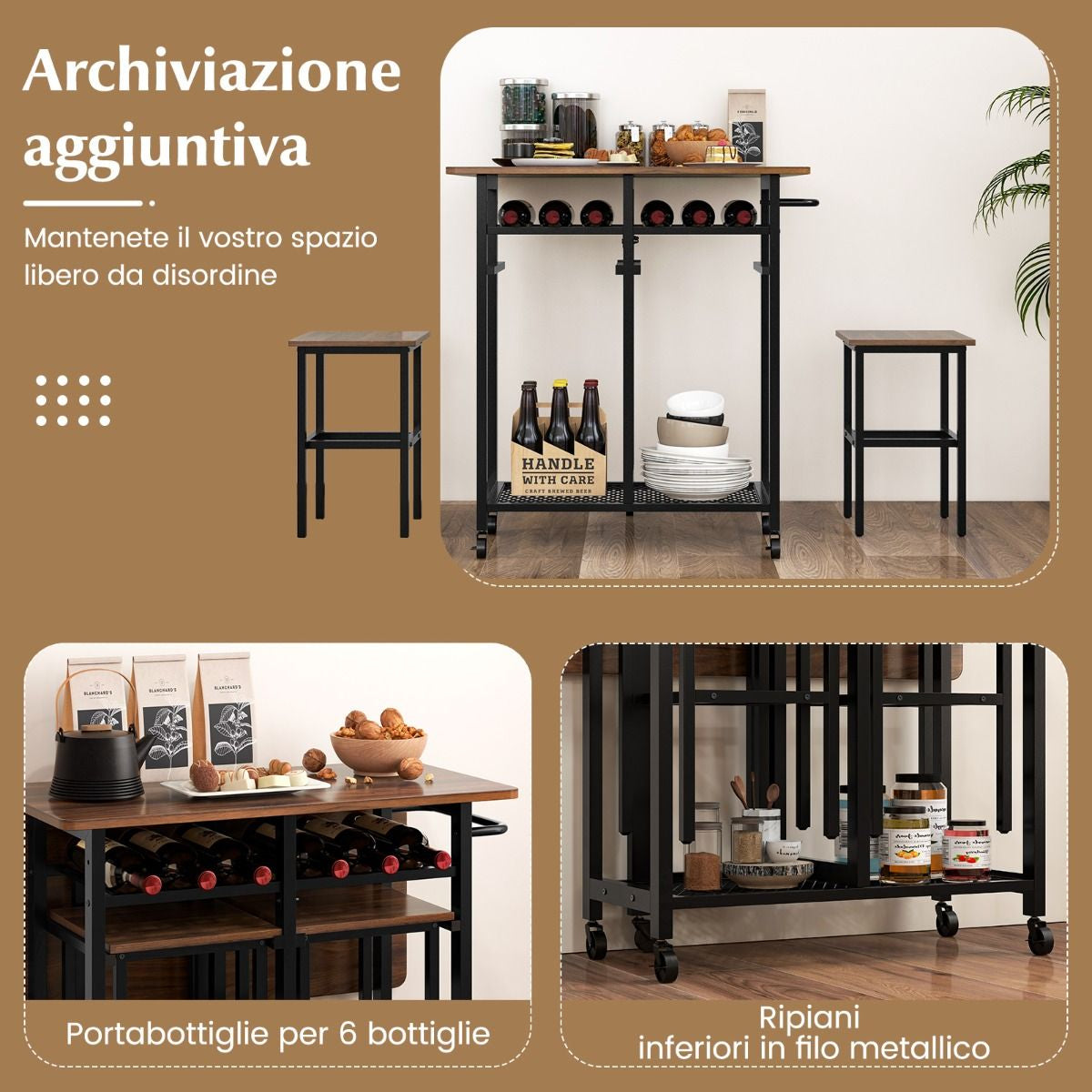 Set Tavolo Da Pranzo 3 Pezzi Con Ruote E Portabottiglie Da 6 Posti, Tavolo Da Cucina Estendibile Con 2 Sgabelli 4 Colori