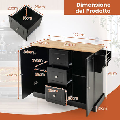 Carrello Da Cucina Con 3 Cassetti 2 Armadietti Chiusi Con Ripiani Regolabili, Isola Con Barra Laterale 2 Colori