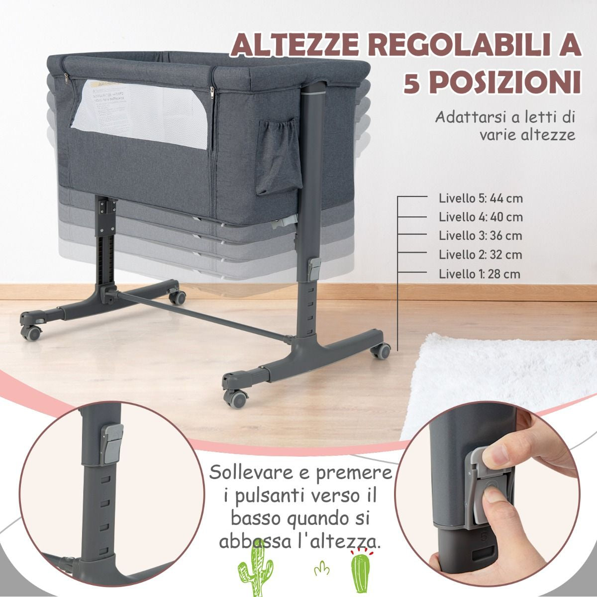 Culla per Bambini 3 in 1 Con 5 Livelli Di Altezza Regolabili Borsa Da Viaggio, Traversina per Bambini 4 Colori